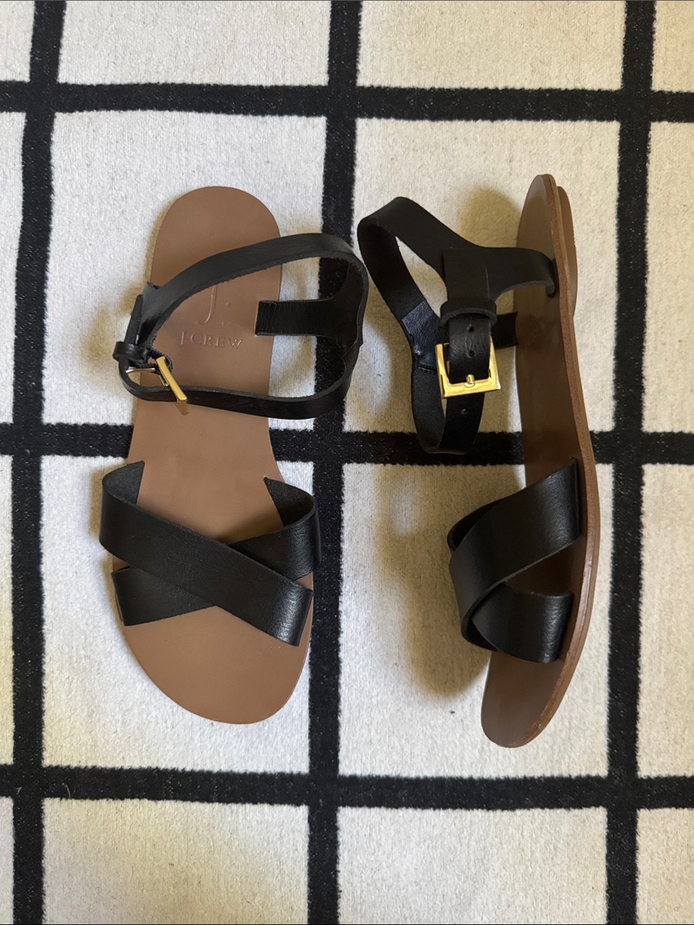 J. Crew Black Leather Crisscross Strap Sandals with Gold Buckle size 5